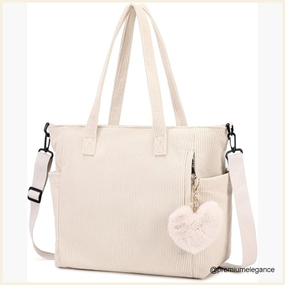 Large Corduroy Tote Bag Adjustable Strap Zipper Compartments Versatile